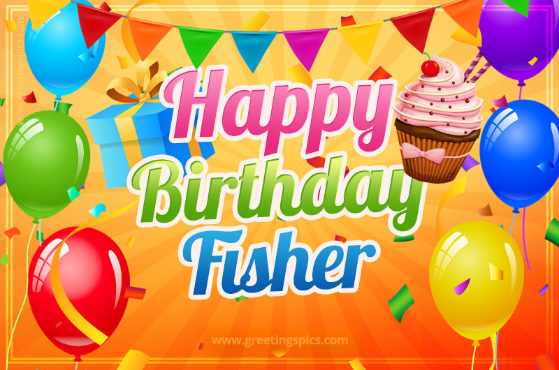 Happy Birthday Fisher eCard with gift box and cupcake