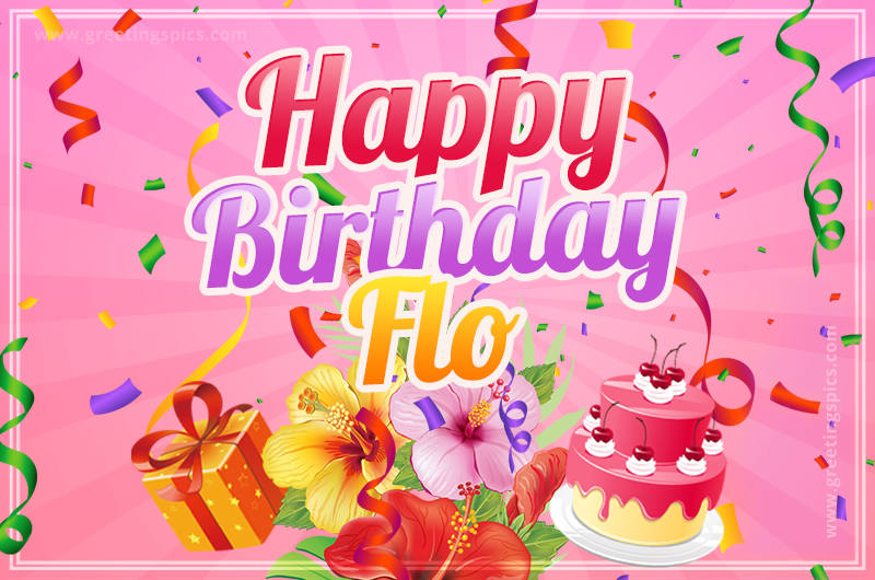 Beautiful Birthday Card for Flo with Cake and bouquet of flowers