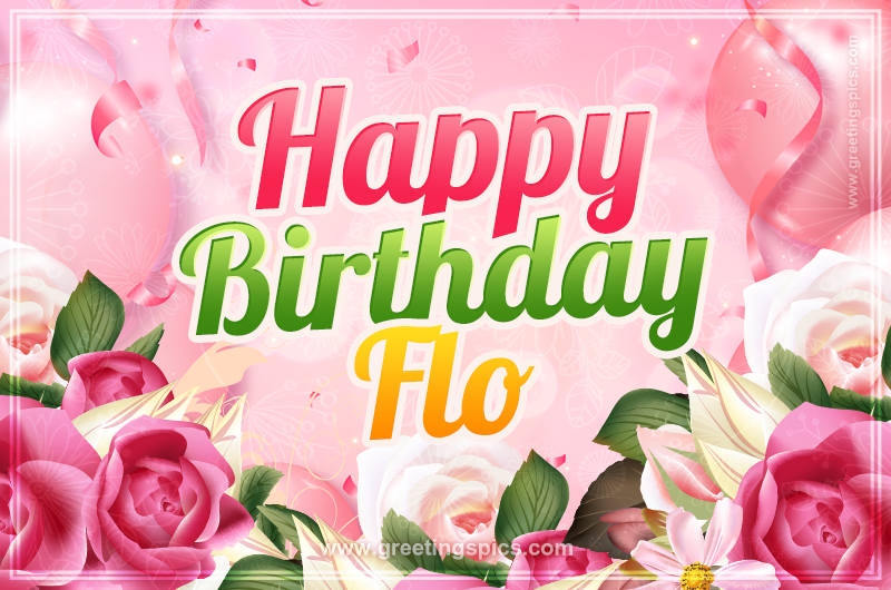 Image with gentle pink background and flowers Happy Birthday Flo