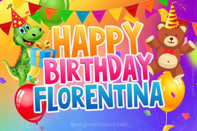 Happy Birthday Florentina Image for a child with cute dinosaur and bear