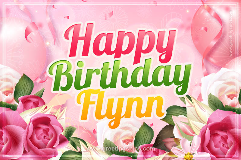 Image with gentle pink background and flowers Happy Birthday Flynn