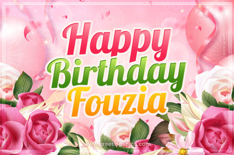 Image with gentle pink background and flowers Happy Birthday Fouzia