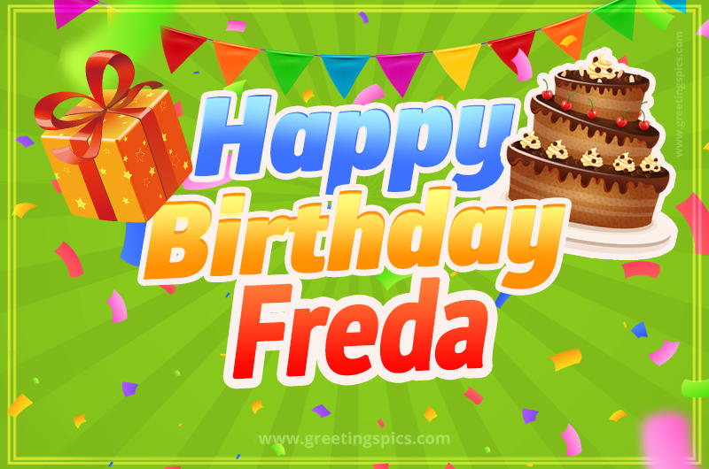 Happy Birthday Freda picture with flags, chocolate cake and gift box