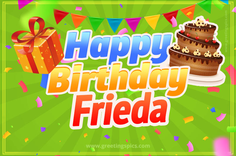 Happy Birthday Frieda picture with flags, chocolate cake and gift box