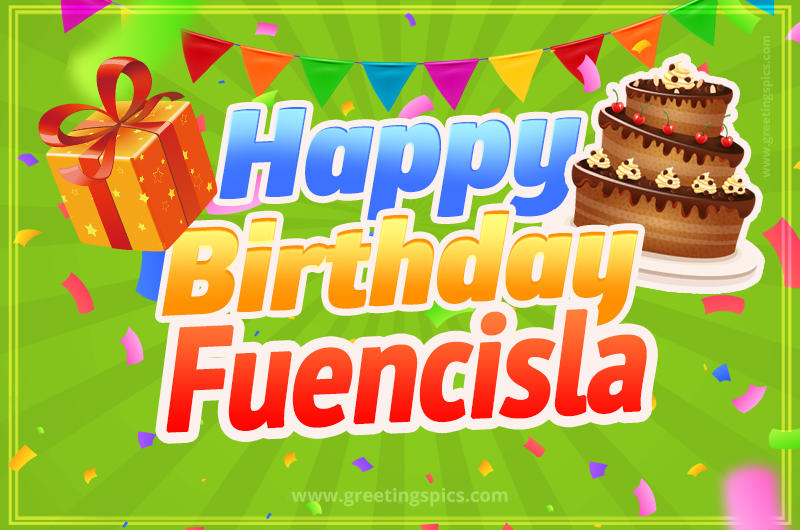 Happy Birthday Fuencisla picture with flags, chocolate cake and gift box