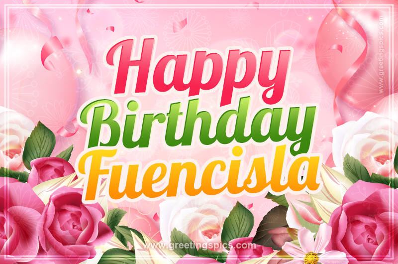 Image with gentle pink background and flowers Happy Birthday Fuencisla