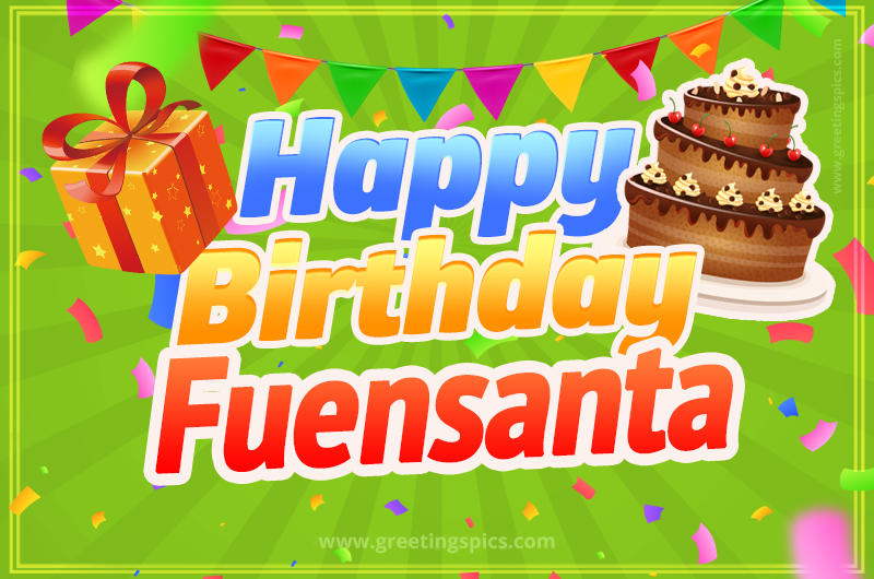 Happy Birthday Fuensanta picture with flags, chocolate cake and gift box