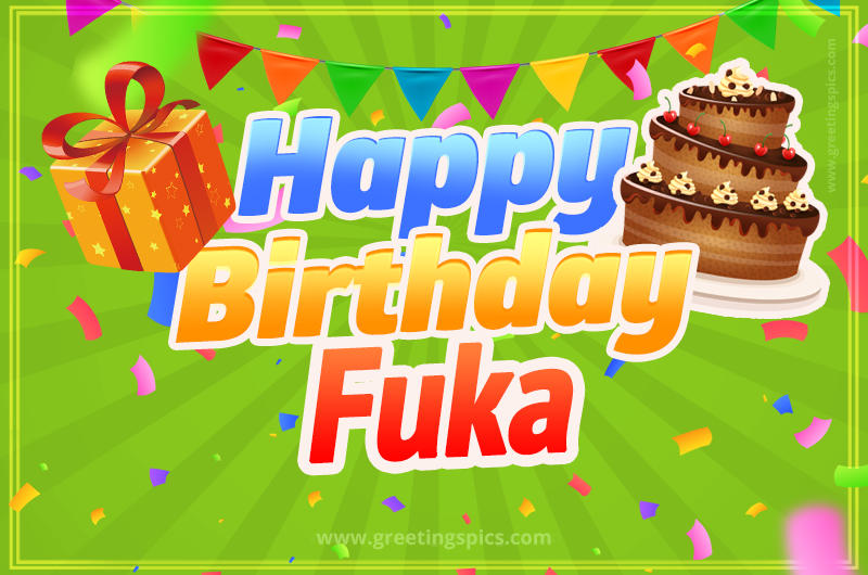 Happy Birthday Fuka picture with flags, chocolate cake and gift box