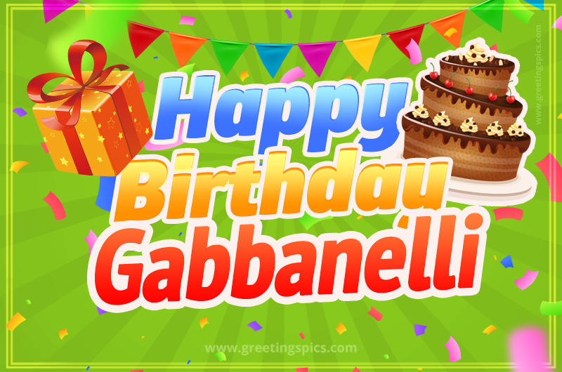 Happy Birthday Gabbanelli picture with flags, chocolate cake and gift box