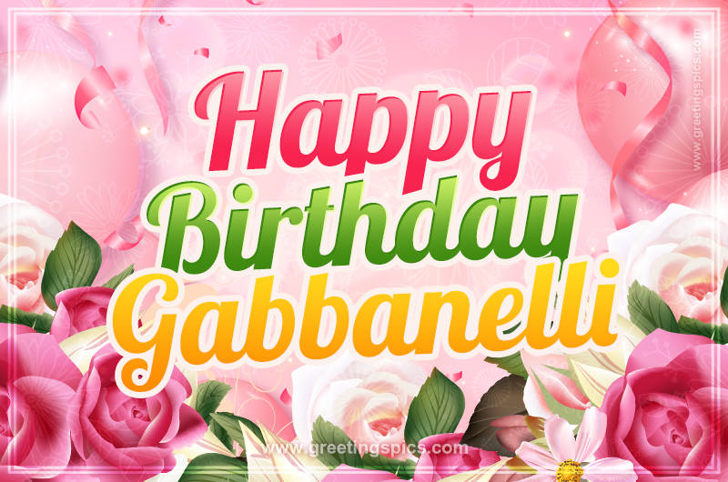 Image with gentle pink background and flowers Happy Birthday Gabbanelli