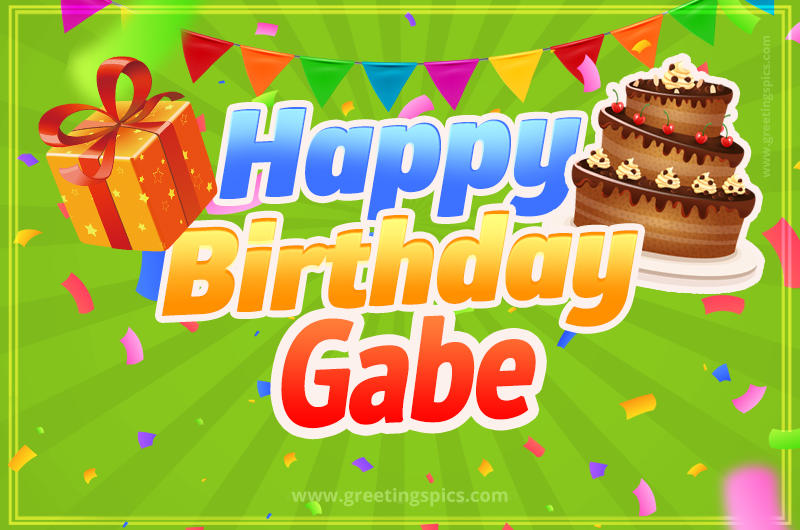 Happy Birthday Gabe picture with flags, chocolate cake and gift box