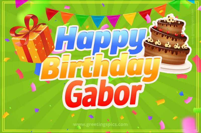 Happy Birthday Gabor picture with flags, chocolate cake and gift box