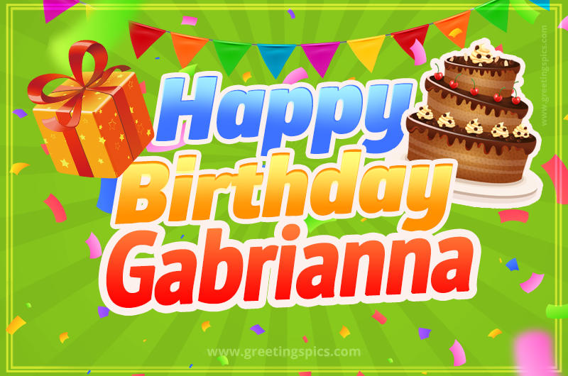 Happy Birthday Gabrianna picture with flags, chocolate cake and gift box