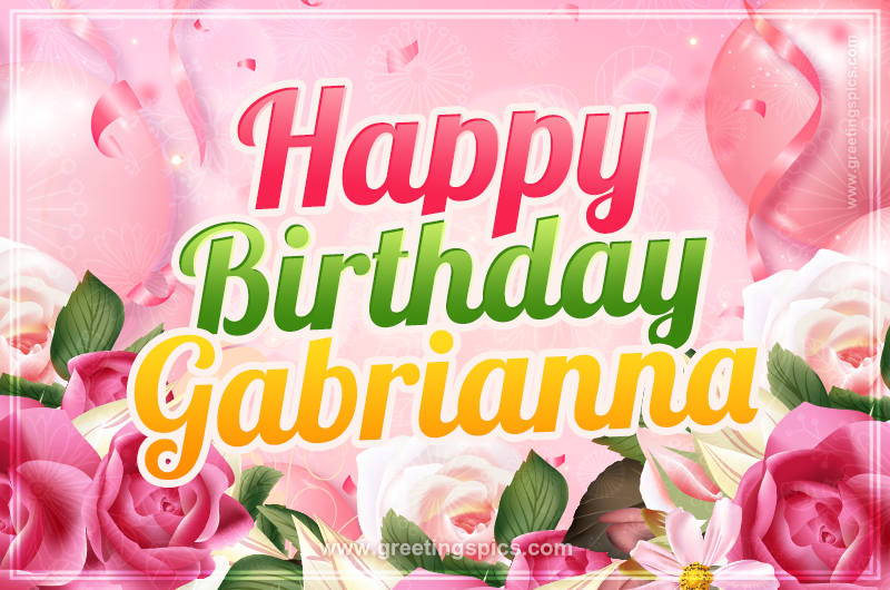 Image with gentle pink background and flowers Happy Birthday Gabrianna