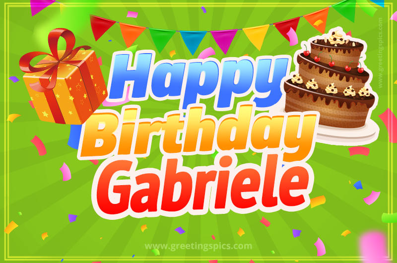 Happy Birthday Gabriele picture with flags, chocolate cake and gift box