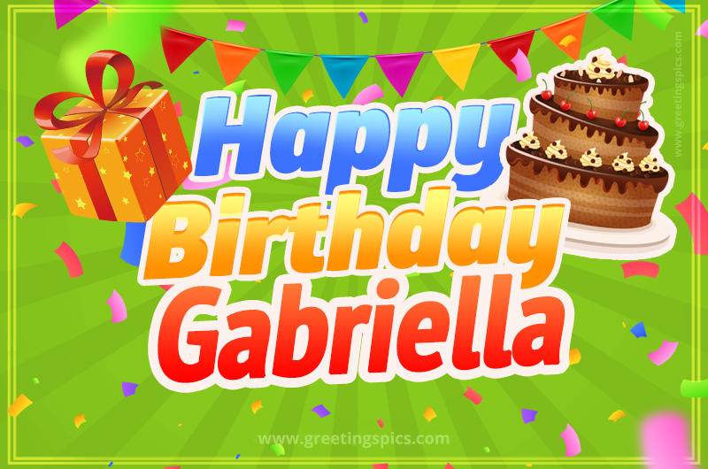 Happy Birthday Gabriella picture with flags, chocolate cake and gift box