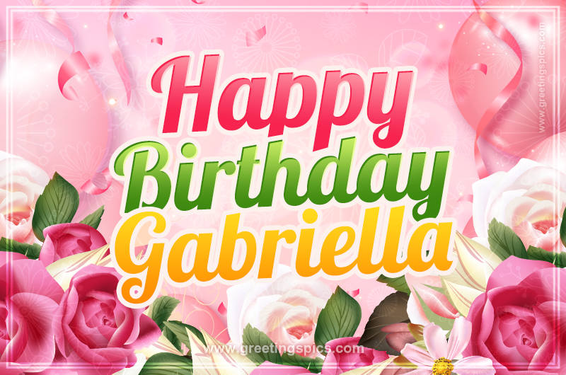 Image with gentle pink background and flowers Happy Birthday Gabriella