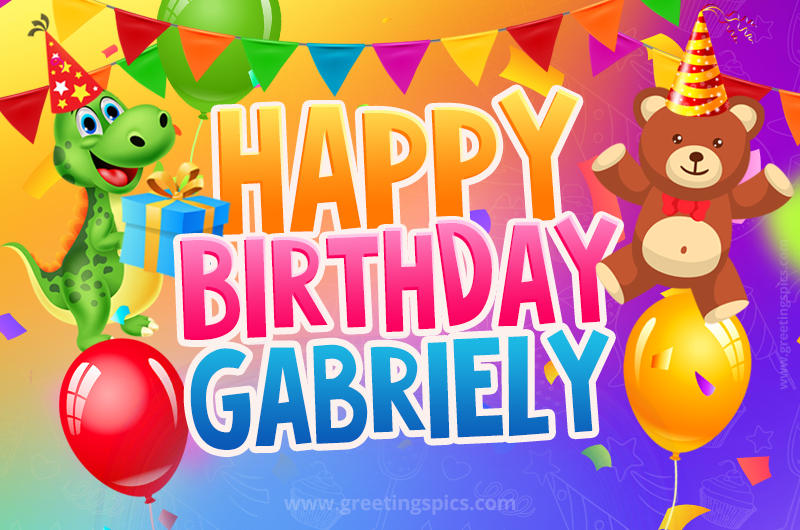 Happy Birthday Gabriely Image for a child with cute dinosaur and bear