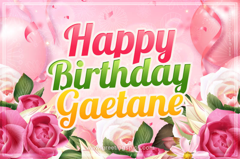 Image with gentle pink background and flowers Happy Birthday Gaetane