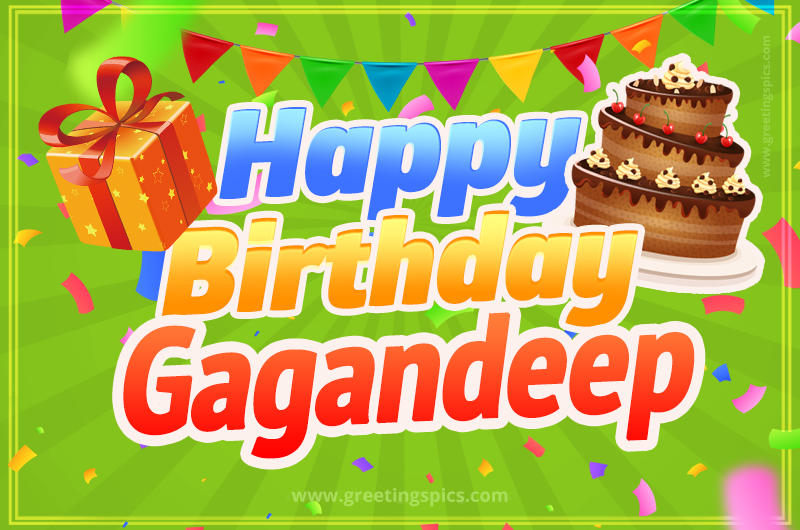 Happy Birthday Gagandeep picture with flags, chocolate cake and gift box