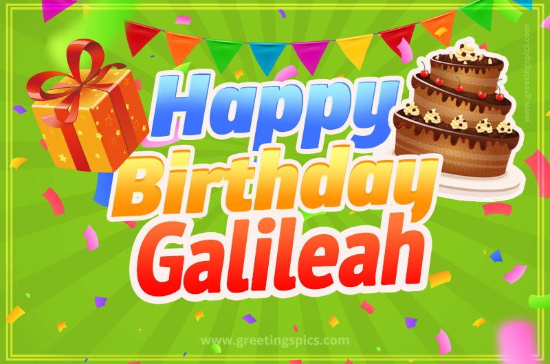 Happy Birthday Galileah picture with flags, chocolate cake and gift box