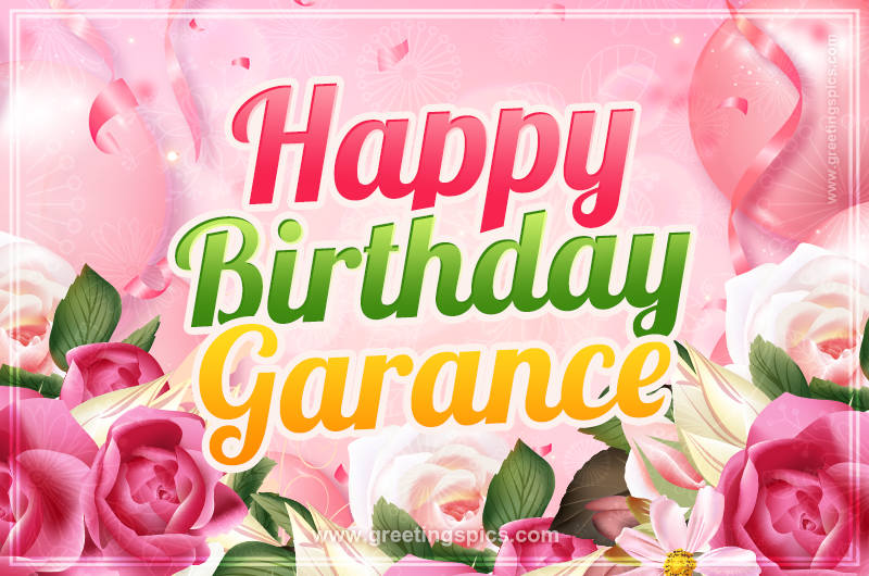 Image with gentle pink background and flowers Happy Birthday Garance