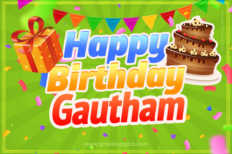 Happy Birthday Gautham picture with flags, chocolate cake and gift box