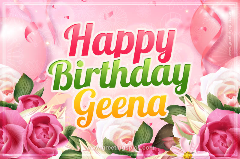 Image with gentle pink background and flowers Happy Birthday Geena