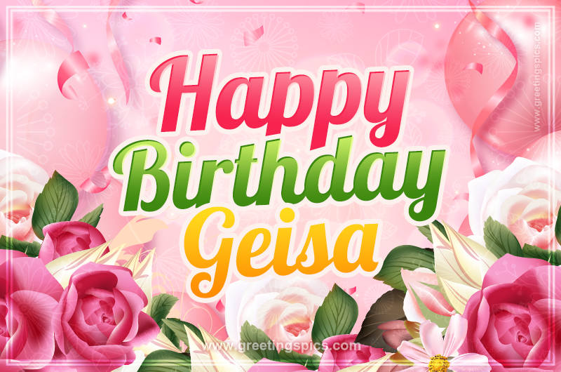 Image with gentle pink background and flowers Happy Birthday Geisa