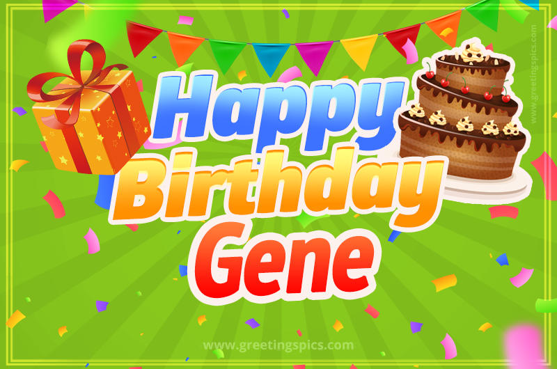 Happy Birthday Gene picture with flags, chocolate cake and gift box