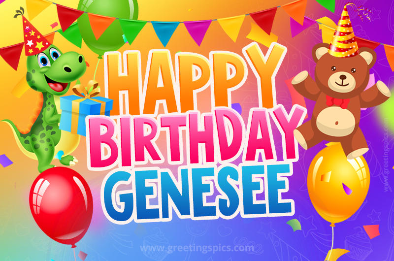 Happy Birthday Genesee Image for a child with cute dinosaur and bear