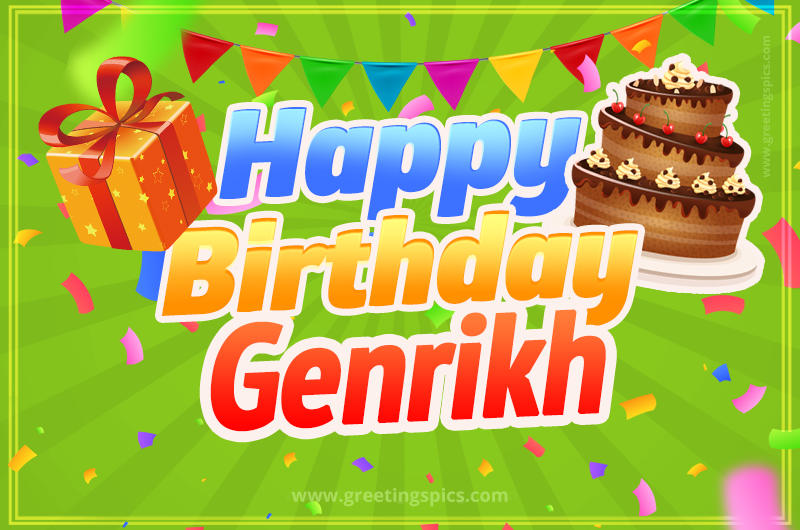 Happy Birthday Genrikh picture with flags, chocolate cake and gift box