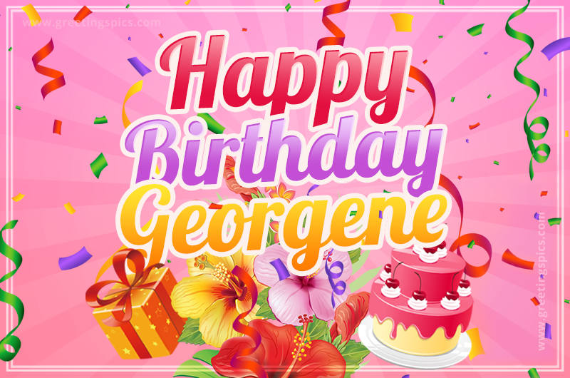 Beautiful Birthday Card for Georgene with Cake and bouquet of flowers