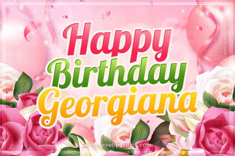 Image with gentle pink background and flowers Happy Birthday Georgiana