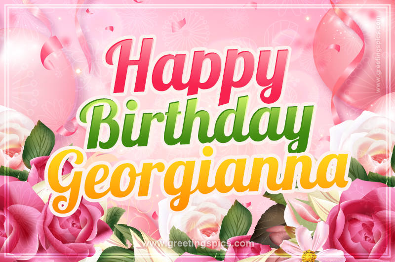 Image with gentle pink background and flowers Happy Birthday Georgianna