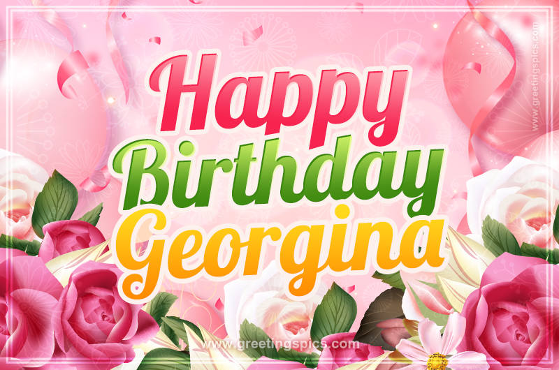 Image with gentle pink background and flowers Happy Birthday Georgina