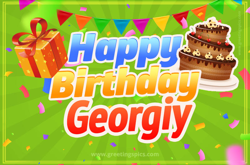 Happy Birthday Georgiy picture with flags, chocolate cake and gift box