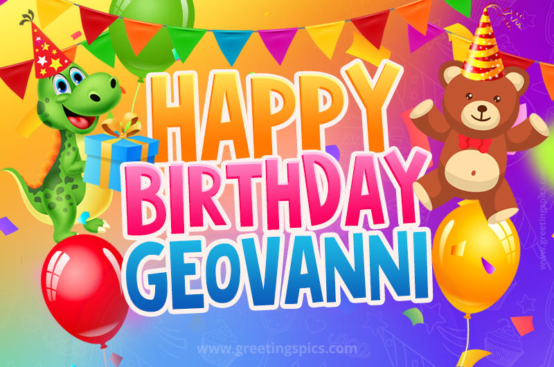 Happy Birthday Geovanni Image for a child with cute baby dinosaur and bear