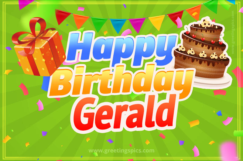 Happy Birthday Gerald picture with flags, chocolate cake and gift box