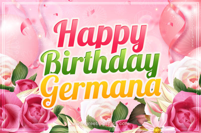 Image with gentle pink background and flowers Happy Birthday Germana