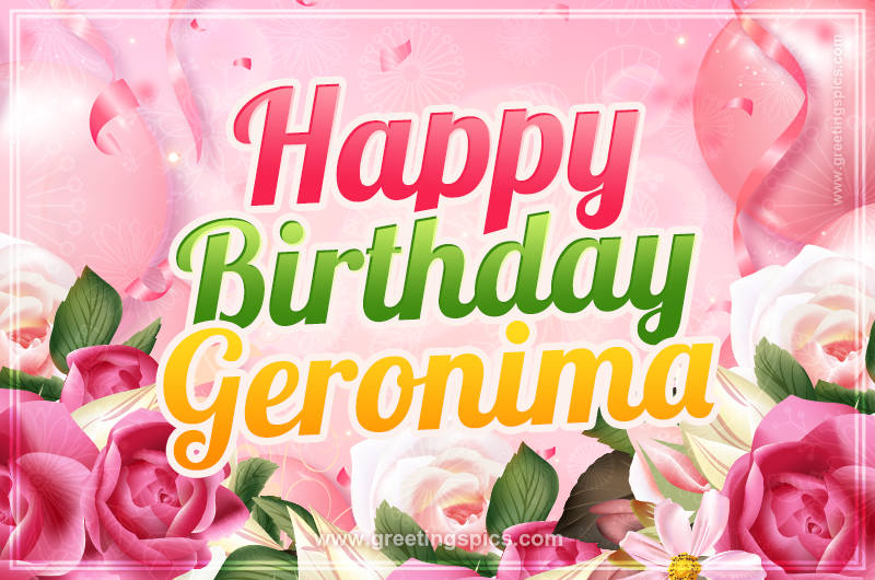 Image with gentle pink background and flowers Happy Birthday Geronima