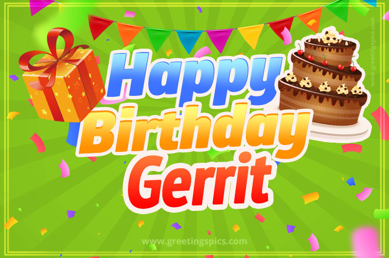 Happy Birthday Gerrit picture with flags, chocolate cake and gift box