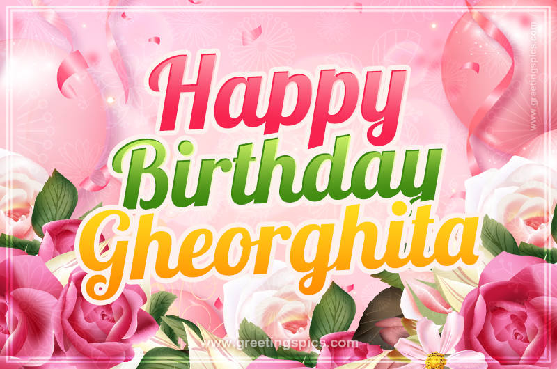 Image with gentle pink background and flowers Happy Birthday Gheorghita