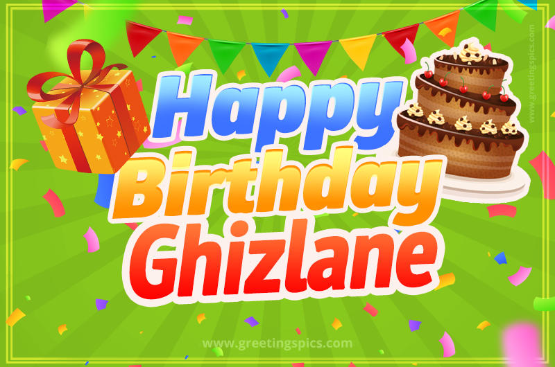 Happy Birthday Ghizlane picture with flags, chocolate cake and gift box