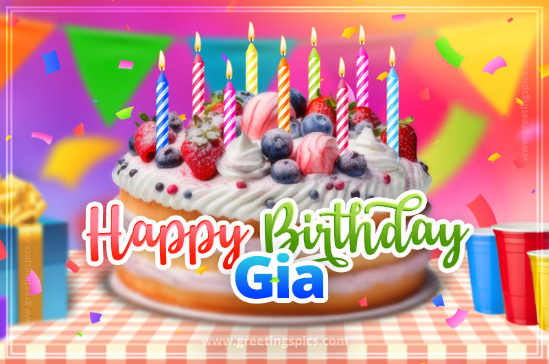 Happy Birthday Gia Colorful Image with fruit cake and candles