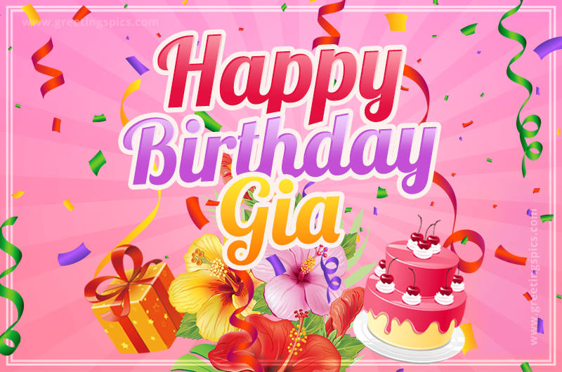 Beautiful Birthday Card for Gia with Cake and bouquet of flowers