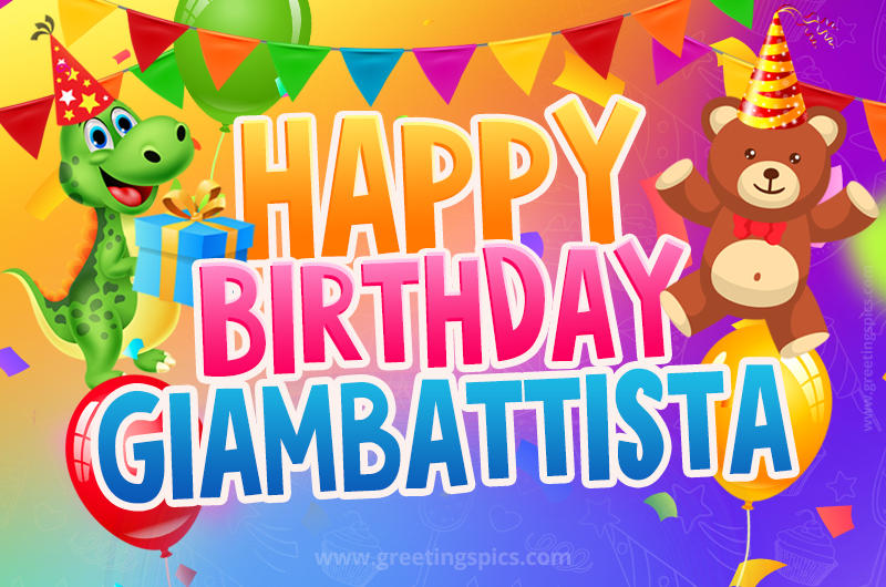 Happy Birthday Giambattista Image for a child with cute baby dinosaur and bear