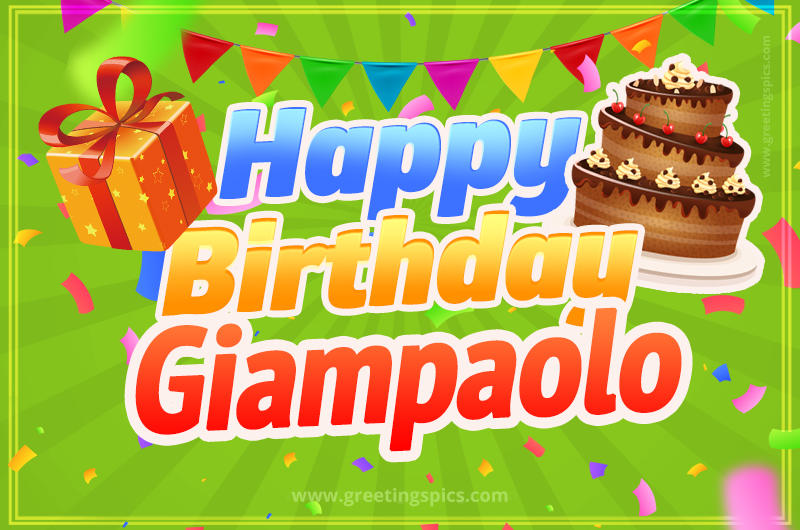 Happy Birthday Giampaolo picture with flags, chocolate cake and gift box