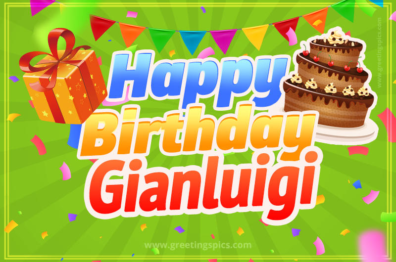 Happy Birthday Gianluigi picture with flags, chocolate cake and gift box