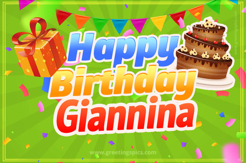 Happy Birthday Giannina picture with flags, chocolate cake and gift box